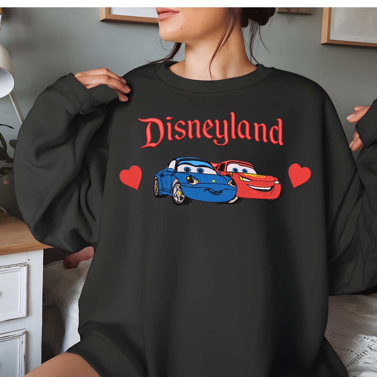 Embroidery Lightning Mcqueen and Sally Valentine Sweatshirt, Disney Pixar Fans Gift, Cozy Nostalgic Crewneck Jumper, Valentine's Day