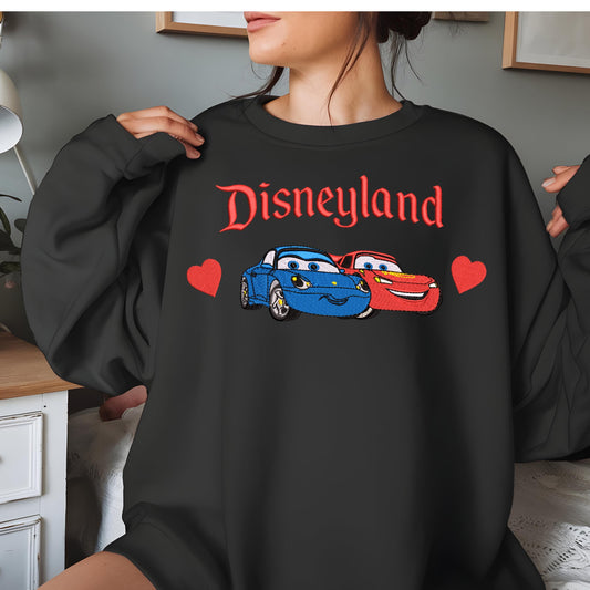 Embroidery Lightning Mcqueen and Sally Valentine Sweatshirt, Disney Pixar Fans Gift, Cozy Nostalgic Crewneck Jumper, Valentine's Day